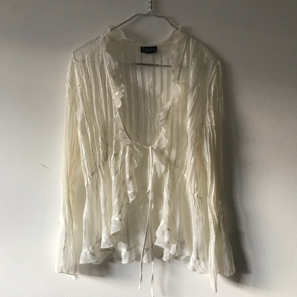 Cream sheer striped pleated ruffle tie front top
